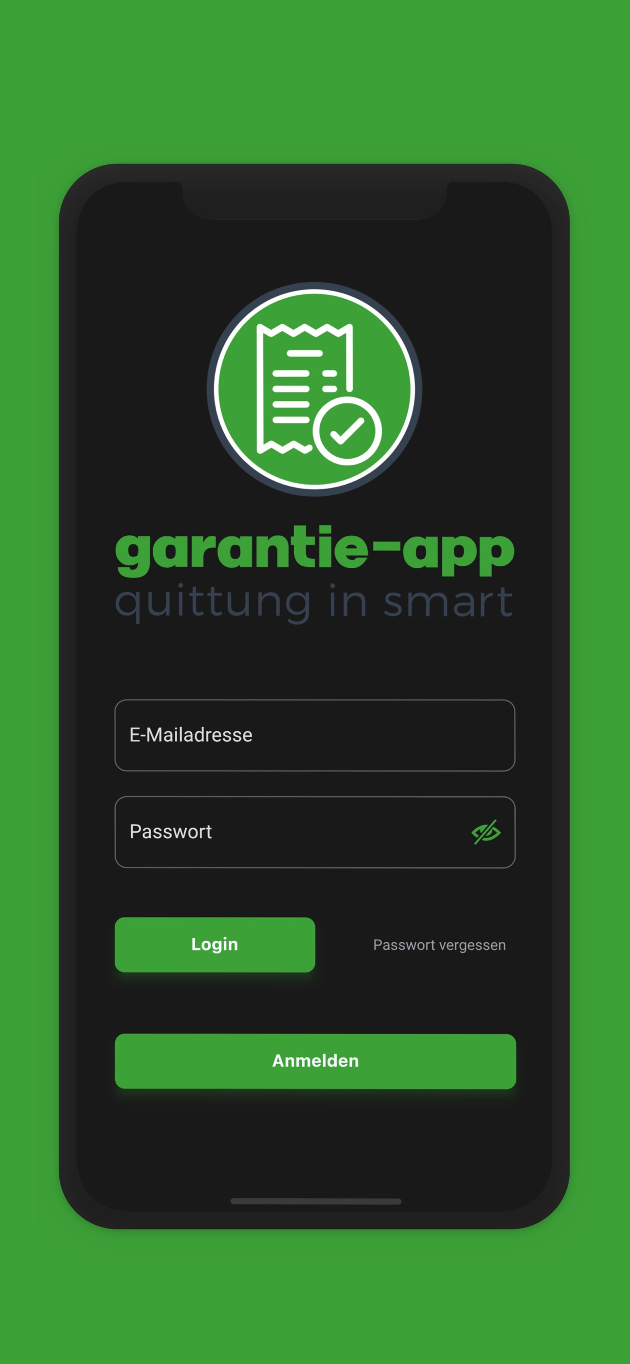 Garantie-App Login-Screen
