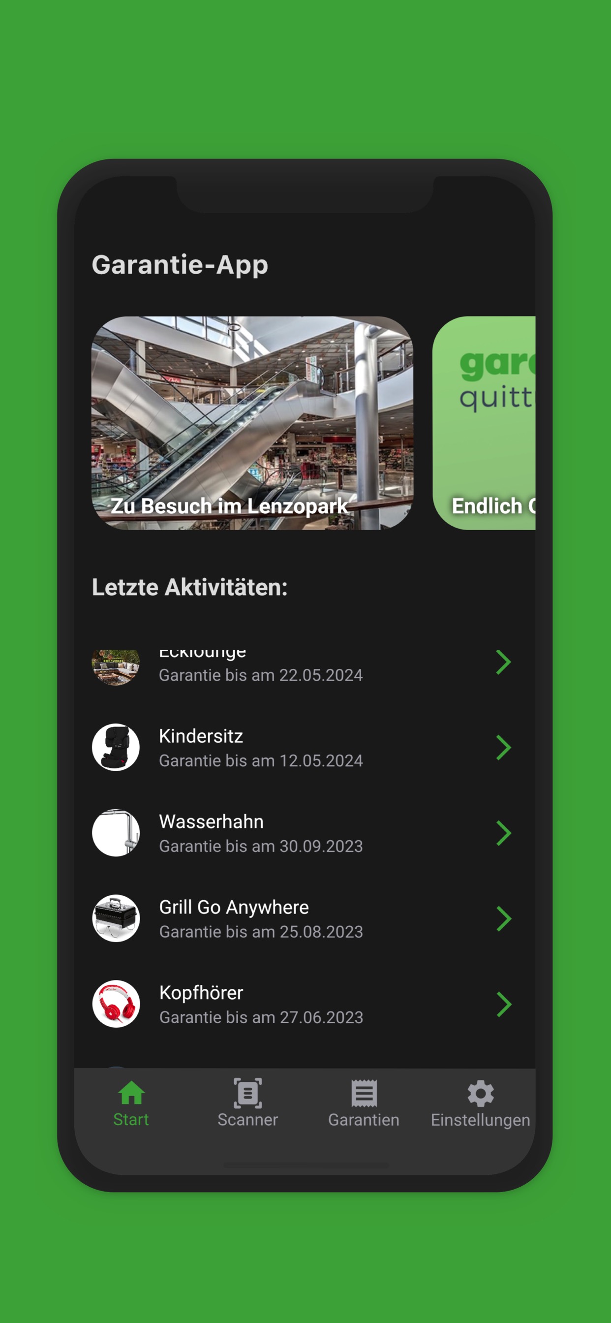 Garantie-App Übersicht der letzten Aktivitäten