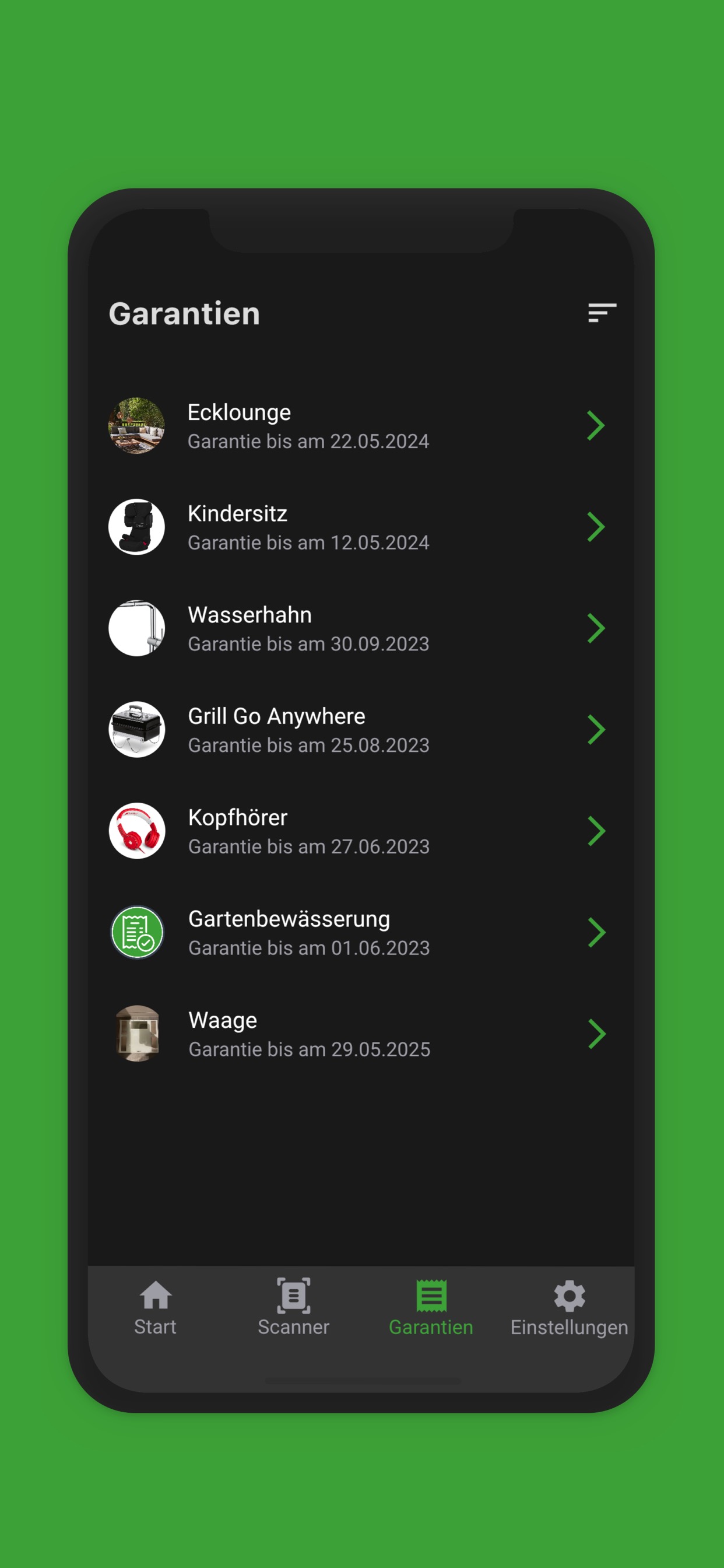 Garantie-App Garantienübersicht